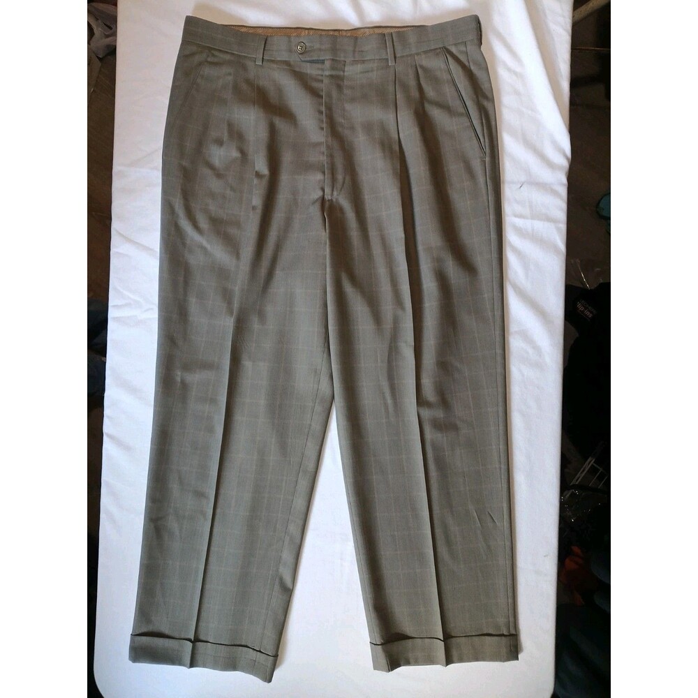 Zignone Men's Pleated Dress Pants Sz38 Olive Gray Plaid Cuffed Trousers Slacks